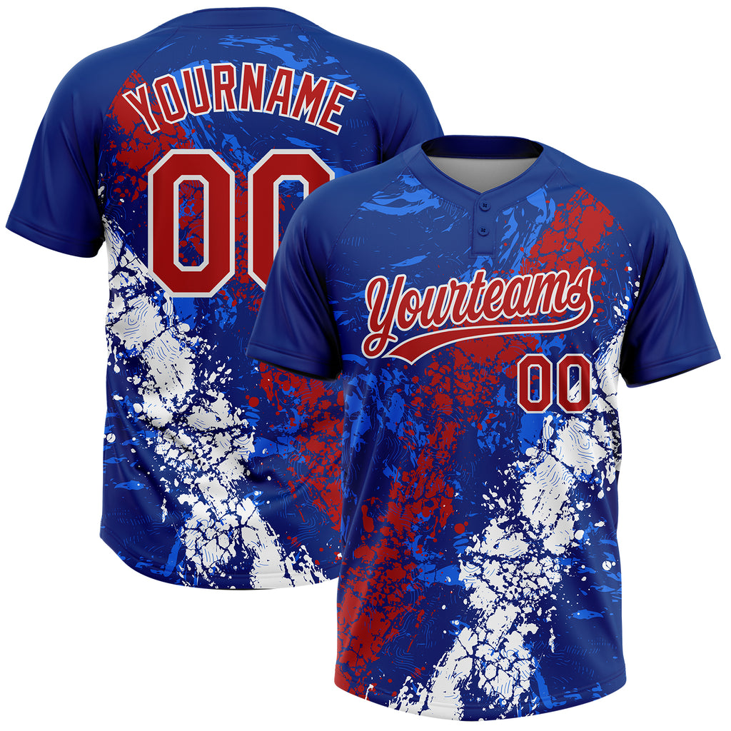 Custom Royal Red-White Dripping Splatter Cracked Texture Two-Button Unisex Softball Jersey