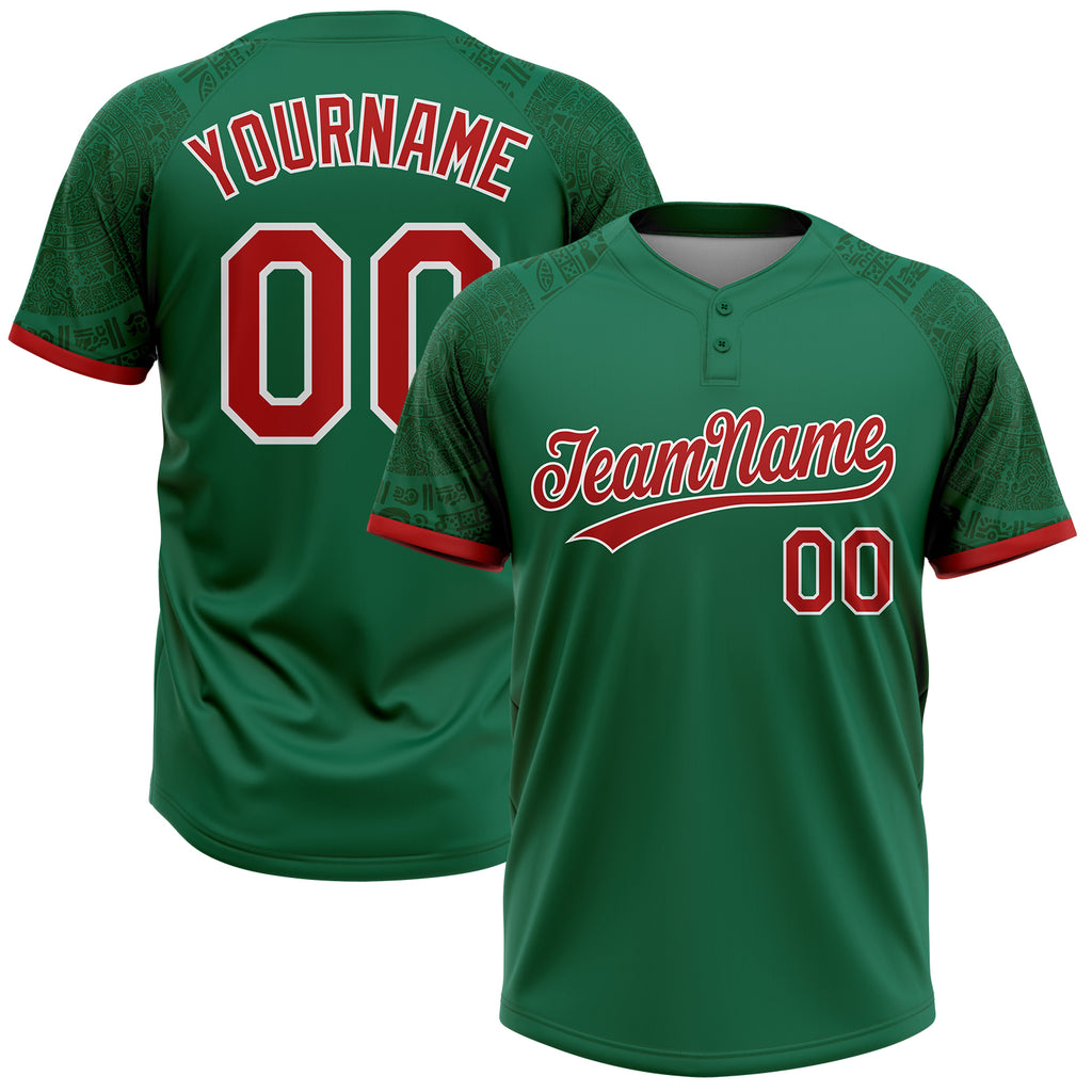 Custom Kelly Green Red-White Ethnic Aztec Mexican Heritage Two-Button Unisex Softball Jersey