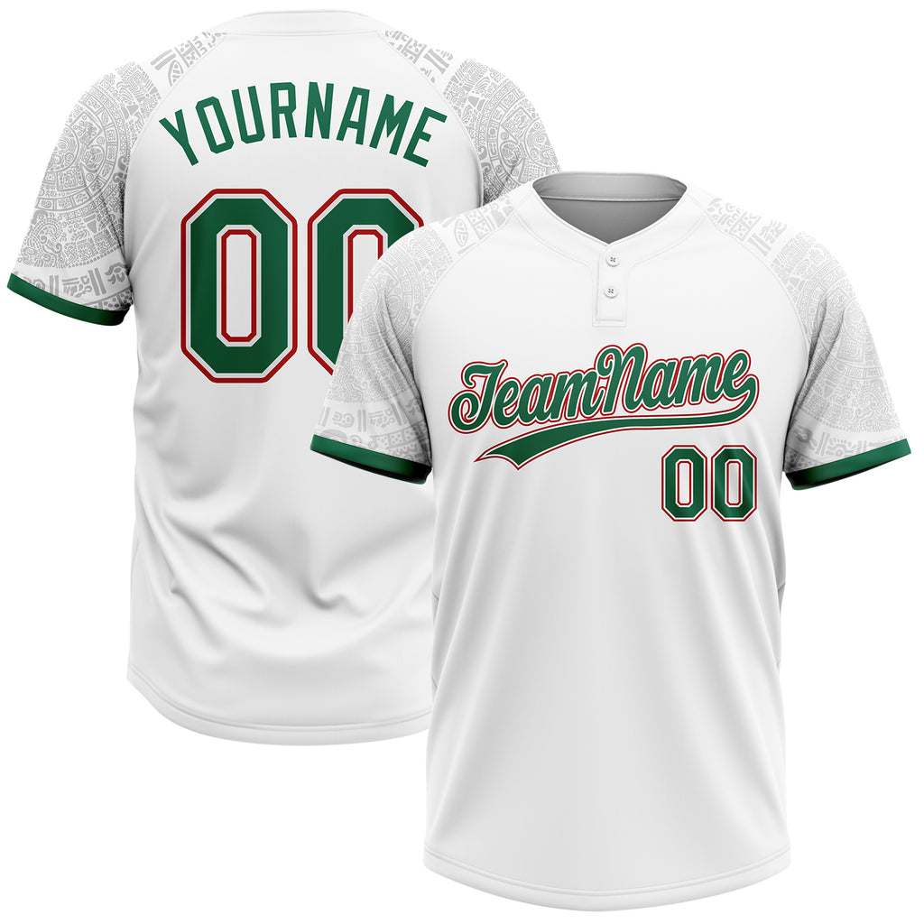 Custom White Kelly Green-Red Ethnic Aztec Mexican Heritage Two-Button Unisex Softball Jersey