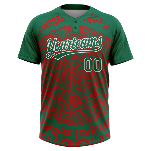 Custom Kelly Green Red-White Ethnic Aztec Mexican Heritage Two-Button Unisex Softball Jersey