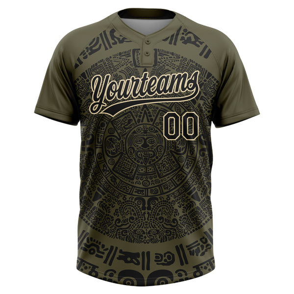 Custom Olive Black-Cream Ethnic Aztec Mexican Heritage Two-Button Unisex Softball Jersey