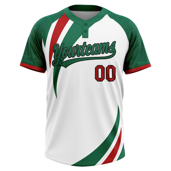 Custom White Red Kelly Green-Black Mexico Two-Button Unisex Softball Jersey