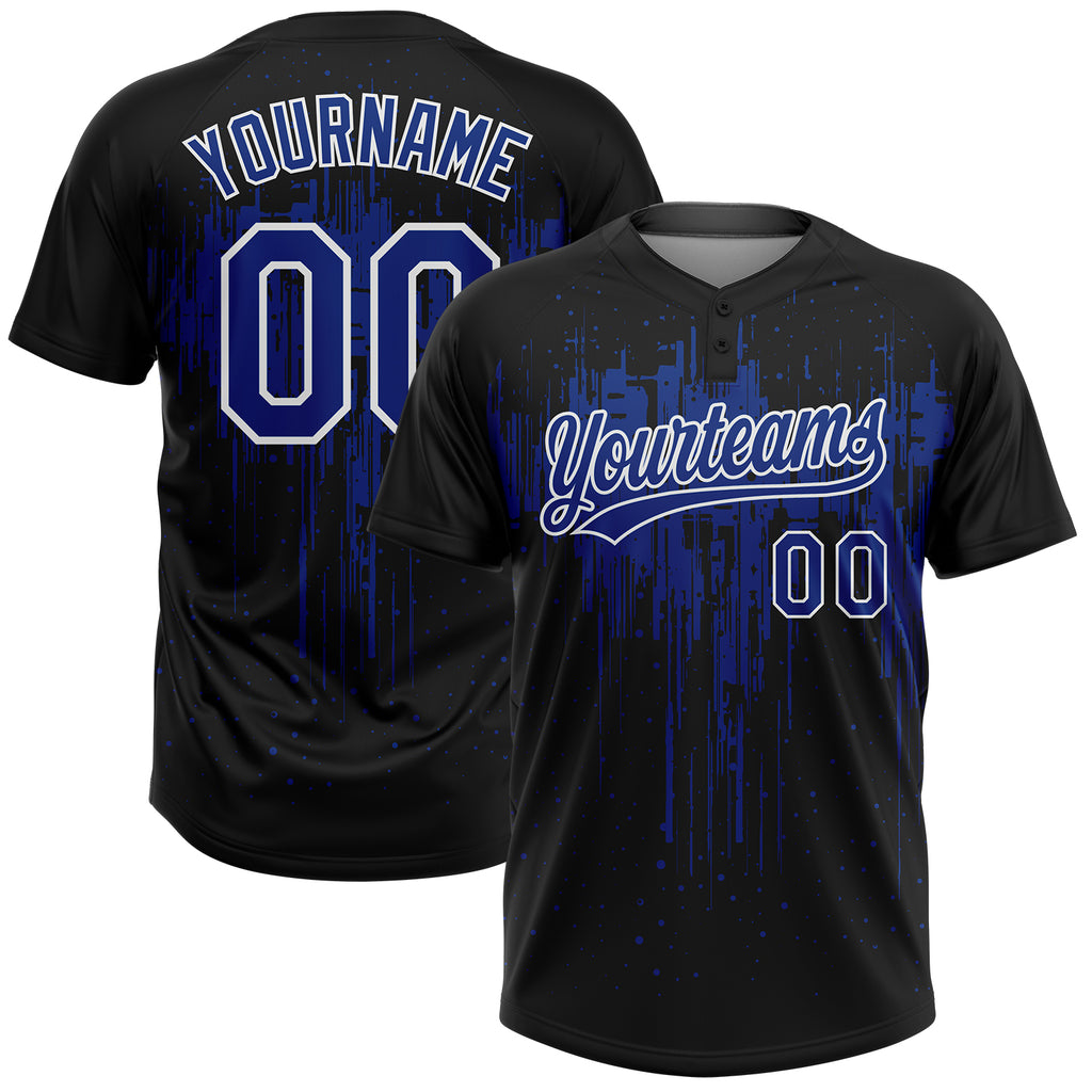 Custom Black Royal-White Dripping Splatter Paint Two-Button Unisex Softball Jersey