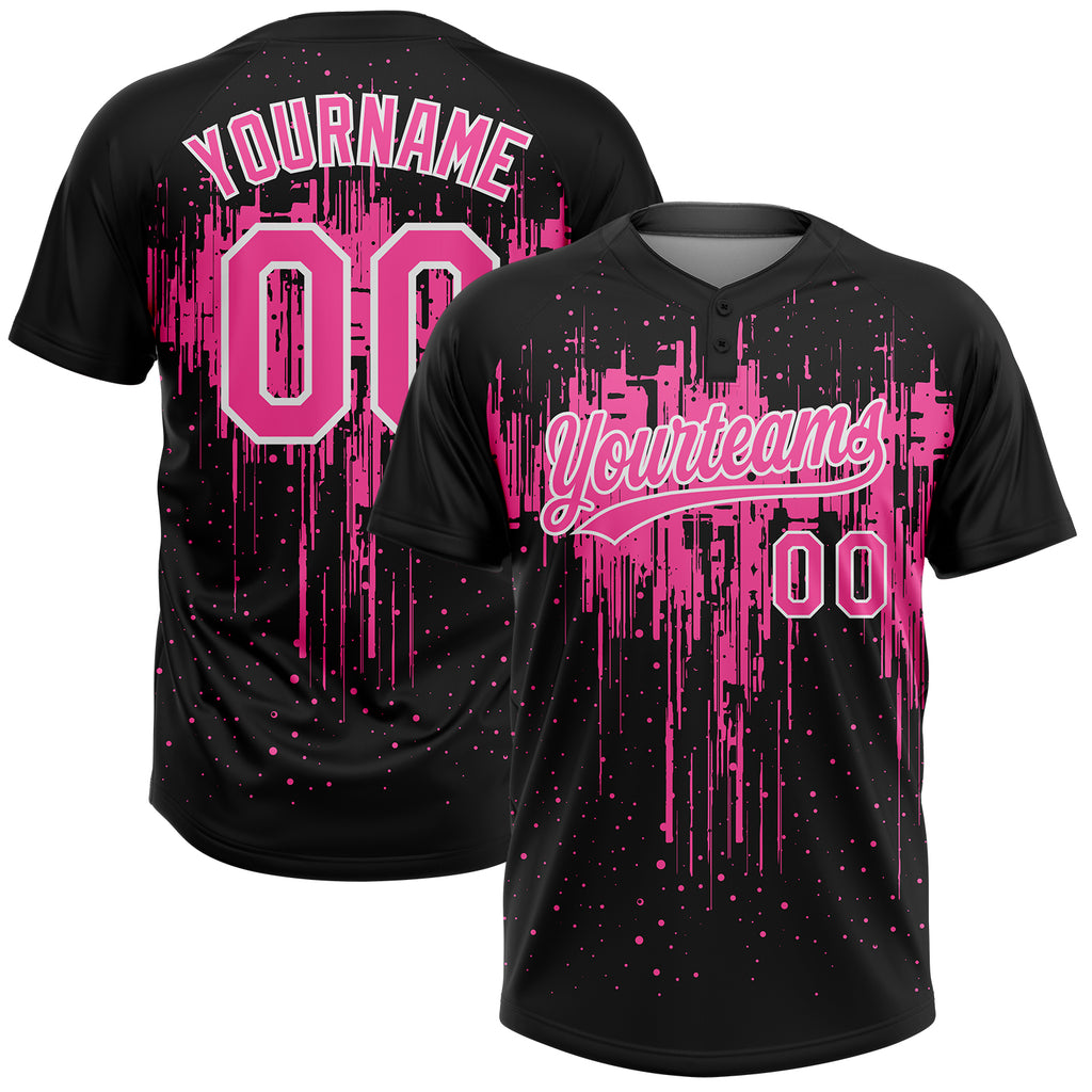 Custom Black Pink-White Dripping Splatter Paint Two-Button Unisex Softball Jersey