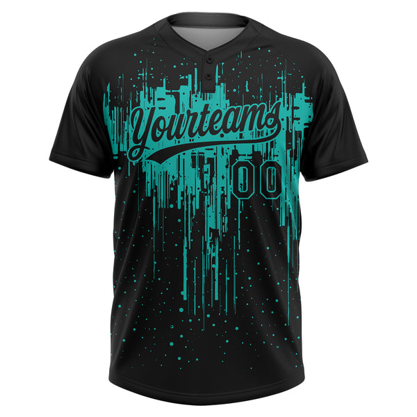 Custom Black Aqua Dripping Splatter Paint Two-Button Unisex Softball Jersey