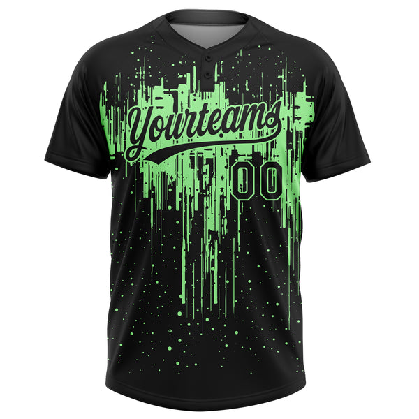 Custom Black Pea Green Dripping Splatter Paint Two-Button Unisex Softball Jersey