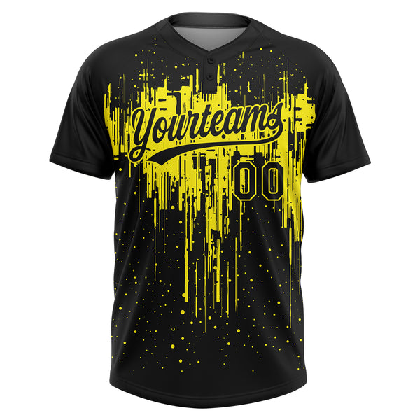 Custom Black Light Yellow Dripping Splatter Paint Two-Button Unisex Softball Jersey