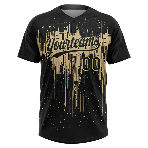 Custom Black Vegas Gold Dripping Splatter Paint Two-Button Unisex Softball Jersey