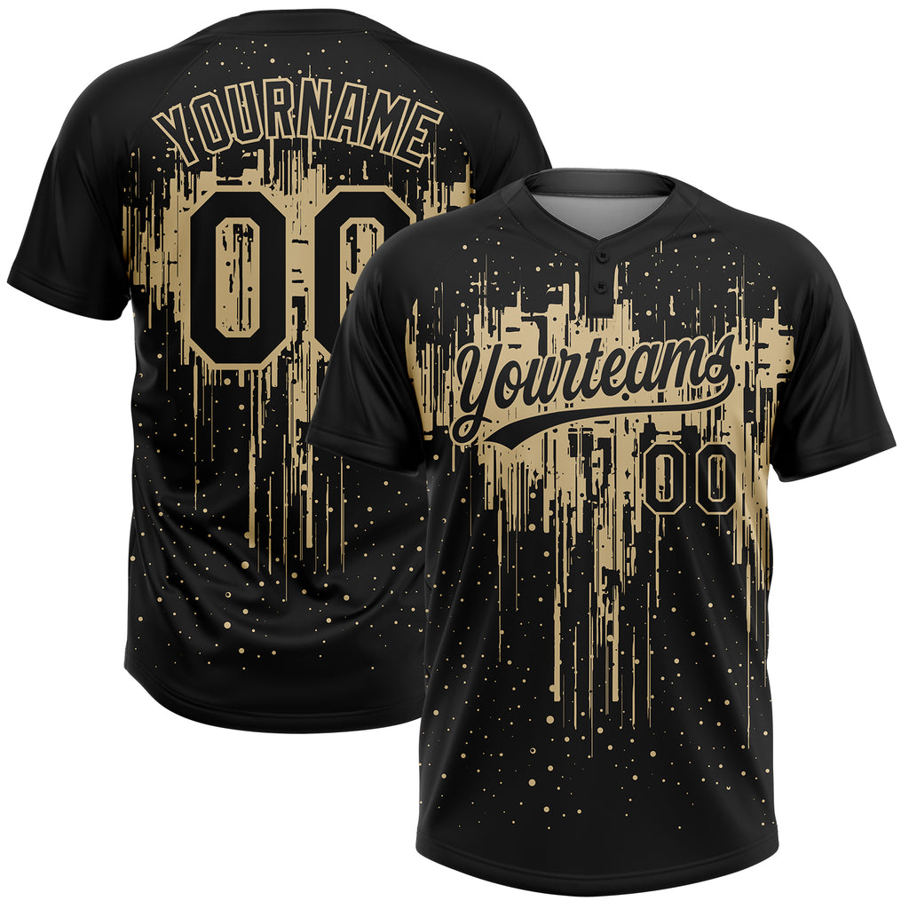 Custom Black Vegas Gold Dripping Splatter Paint Two-Button Unisex Softball Jersey