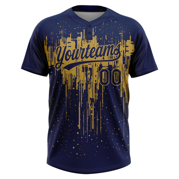Custom Navy Old Gold Dripping Splatter Paint Two-Button Unisex Softball Jersey