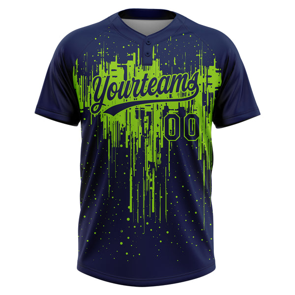 Custom Navy Neon Green Dripping Splatter Paint Two-Button Unisex Softball Jersey