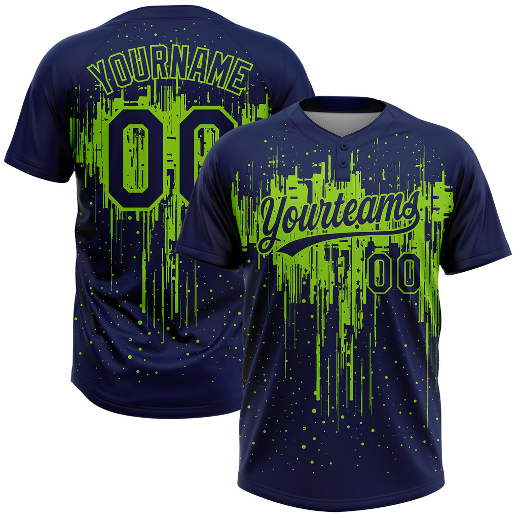 Custom Navy Neon Green Dripping Splatter Paint Two-Button Unisex Softball Jersey