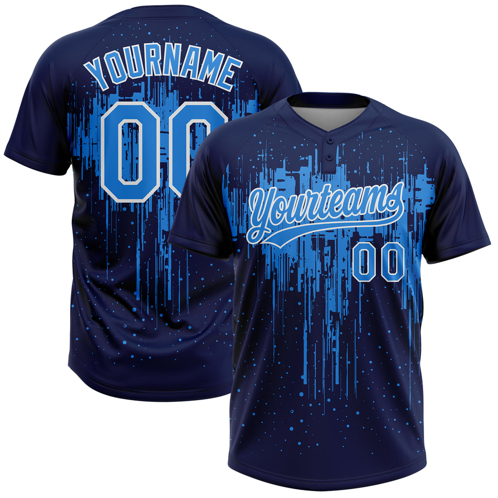 Custom Navy Electric Blue-White Dripping Splatter Paint Two-Button Unisex Softball Jersey