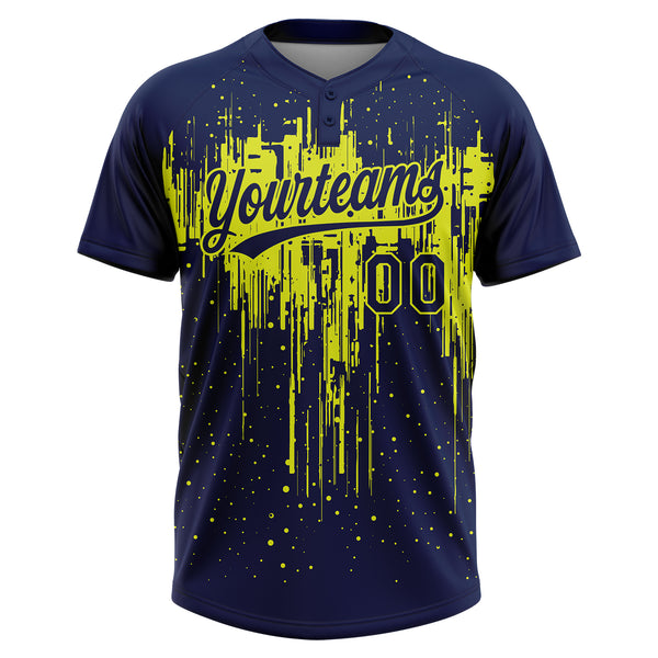 Custom Navy Neon Yellow Dripping Splatter Paint Two-Button Unisex Softball Jersey