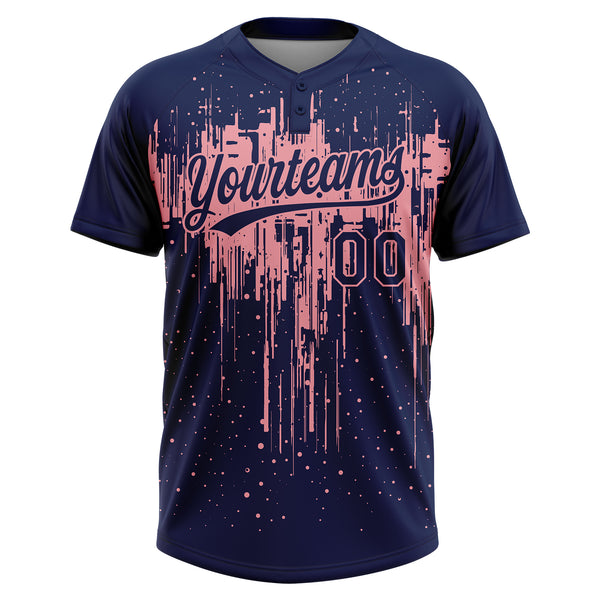 Custom Navy Medium Pink Dripping Splatter Paint Two-Button Unisex Softball Jersey