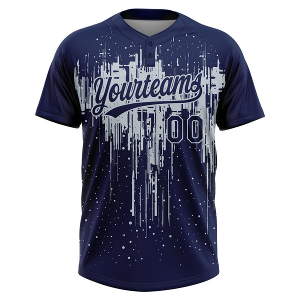 Custom Navy Silver Dripping Splatter Paint Two-Button Unisex Softball Jersey