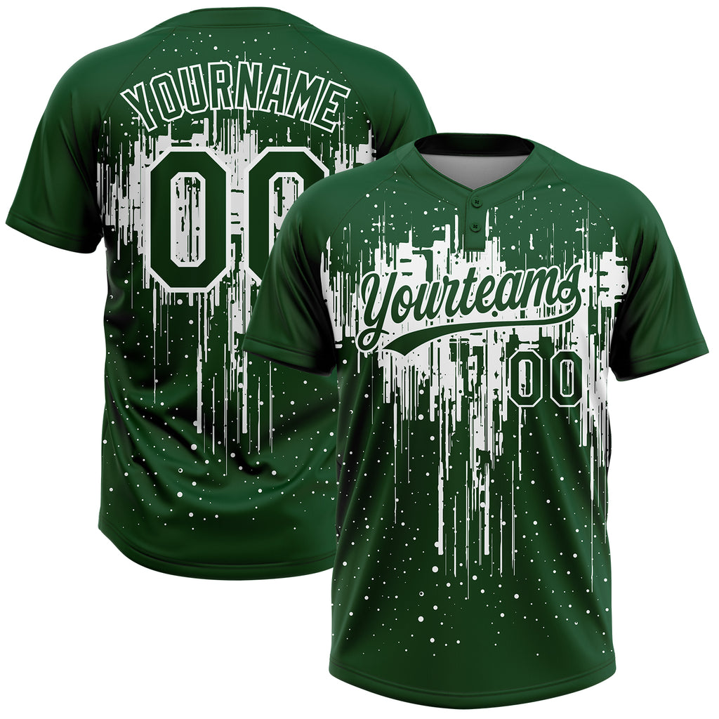 Custom Green White Dripping Splatter Paint Two-Button Unisex Softball Jersey