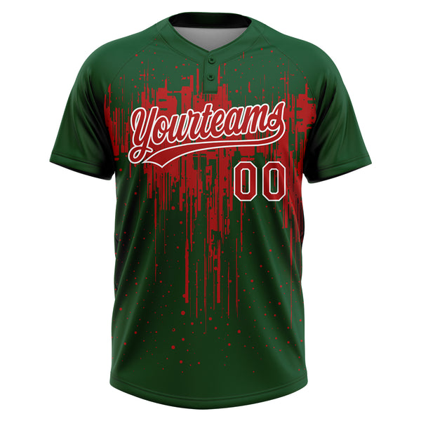 Custom Green Red-White Dripping Splatter Paint Two-Button Unisex Softball Jersey