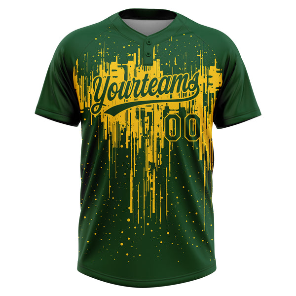 Custom Green Yellow Dripping Splatter Paint Two-Button Unisex Softball Jersey