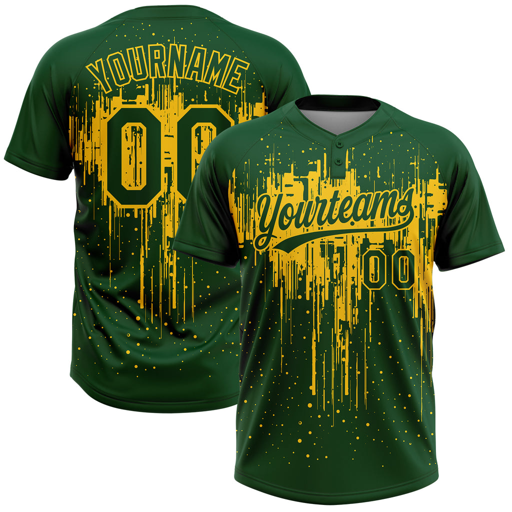 Custom Green Yellow Dripping Splatter Paint Two-Button Unisex Softball Jersey