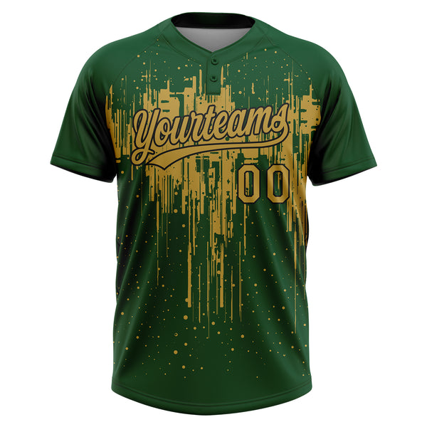 Custom Green Old Gold-Black Dripping Splatter Paint Two-Button Unisex Softball Jersey