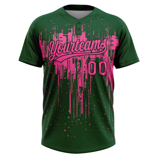 Custom Green Pink-Black Dripping Splatter Paint Two-Button Unisex Softball Jersey