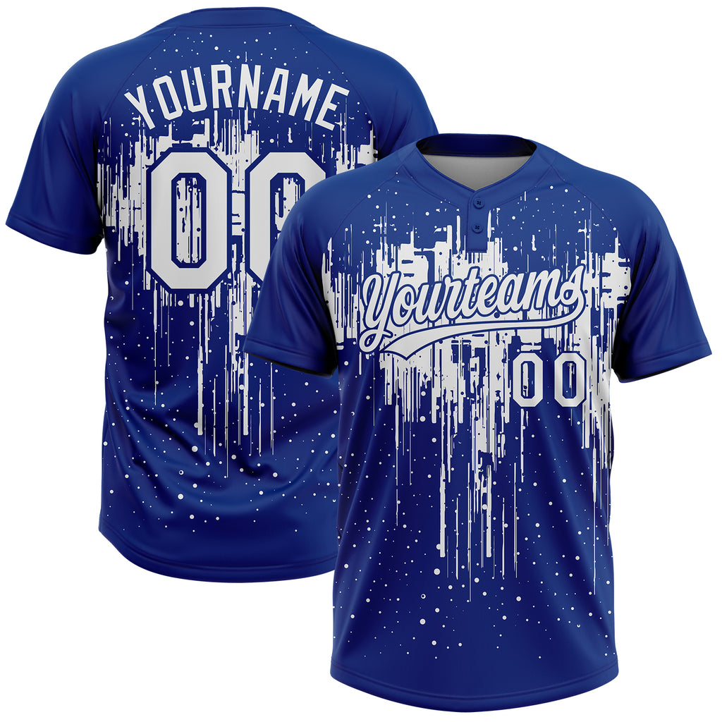 Custom Royal White Dripping Splatter Paint Two-Button Unisex Softball Jersey