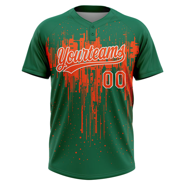 Custom Kelly Green Orange-White Dripping Splatter Paint Two-Button Unisex Softball Jersey