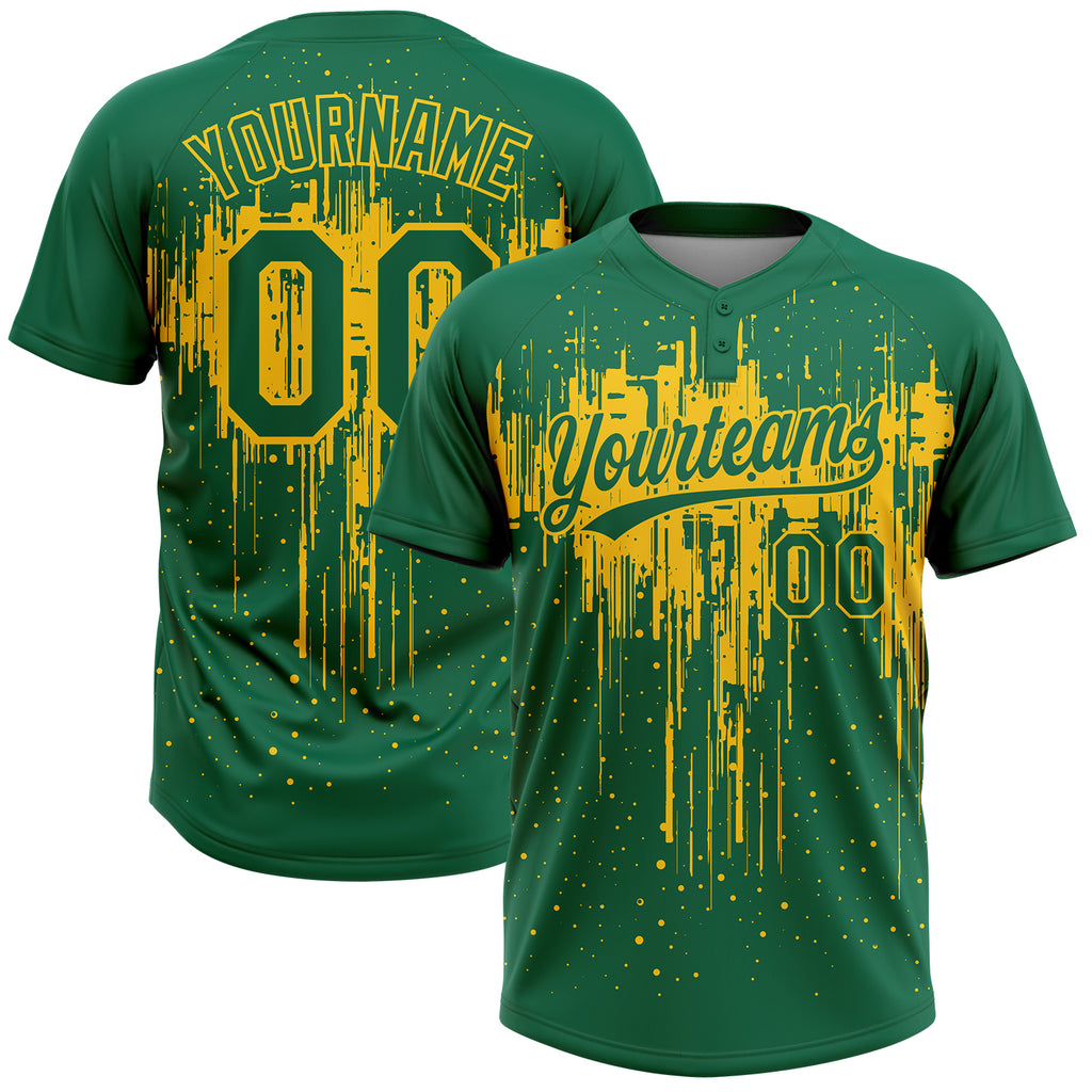 Custom Kelly Green Yellow Dripping Splatter Paint Two-Button Unisex Softball Jersey