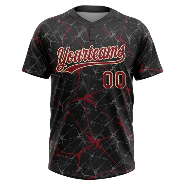 Custom Black Crimson-Cream 3D Pattern Design Abstract Network Two-Button Unisex Softball Jersey