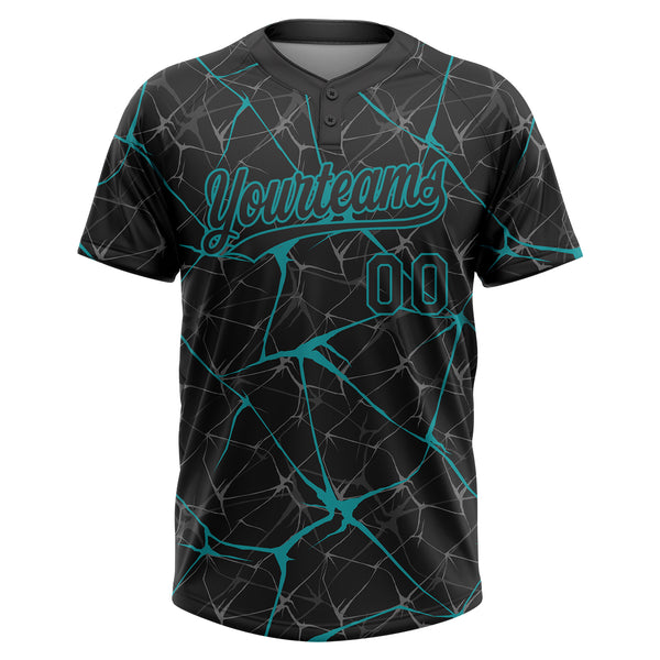 Custom Black Teal 3D Pattern Design Abstract Network Two-Button Unisex Softball Jersey