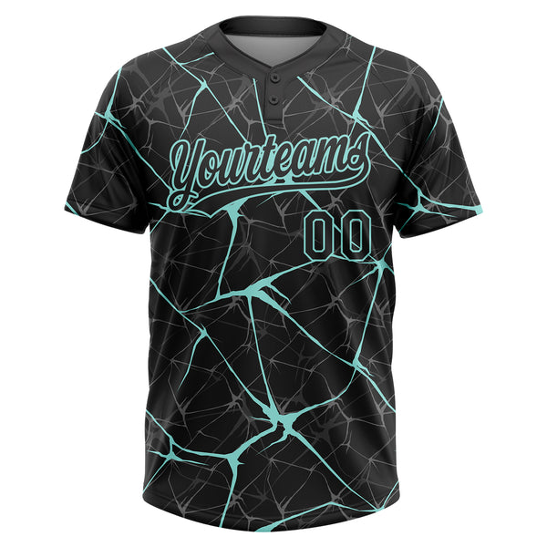 Custom Black Ice Blue 3D Pattern Design Abstract Network Two-Button Unisex Softball Jersey