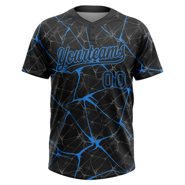 Custom Black Electric Blue 3D Pattern Design Abstract Network Two-Button Unisex Softball Jersey