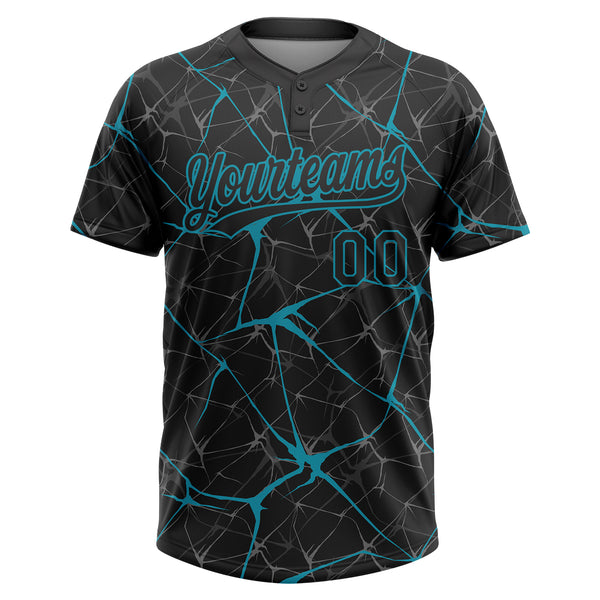 Custom Black Teal 3D Pattern Design Abstract Network Two-Button Unisex Softball Jersey