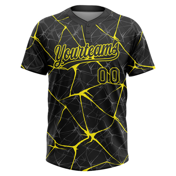Custom Black Light Yellow 3D Pattern Design Abstract Network Two-Button Unisex Softball Jersey