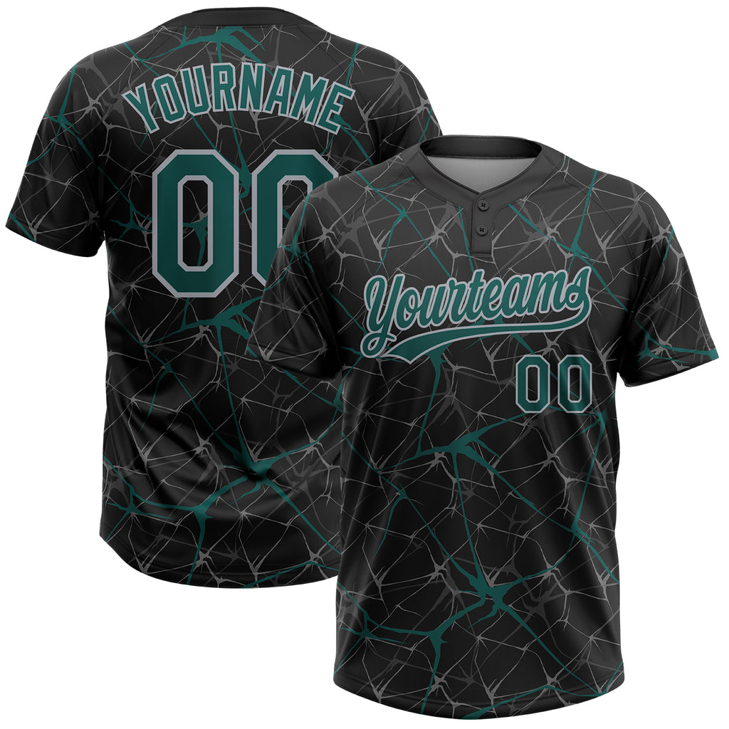 Custom Black Midnight Green-Gray 3D Pattern Design Abstract Network Two-Button Unisex Softball Jersey