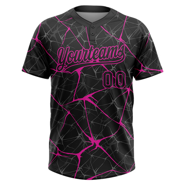 Custom Black Deep Pink 3D Pattern Design Abstract Network Two-Button Unisex Softball Jersey