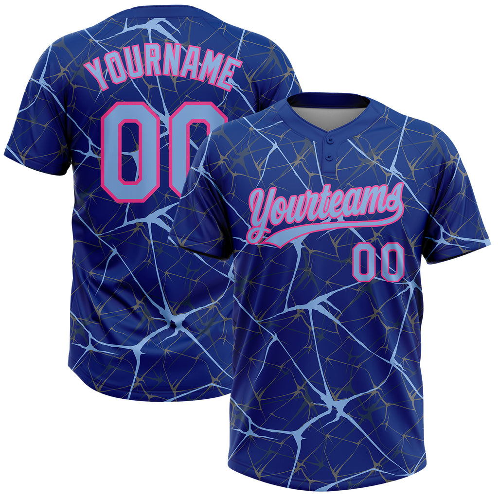 Custom Royal Light Blue-Pink 3D Pattern Design Abstract Network Two-Button Unisex Softball Jersey