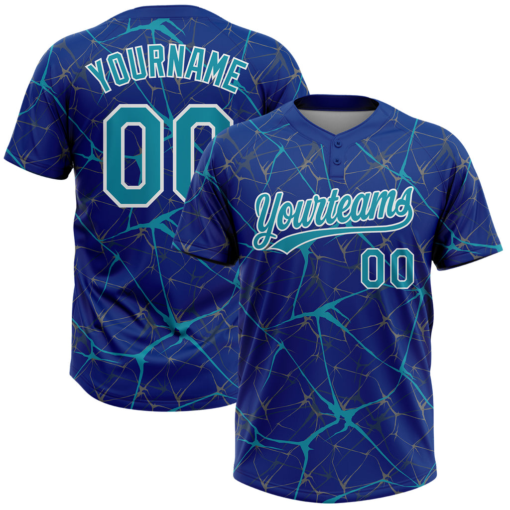 Custom Royal Teal-White 3D Pattern Design Abstract Network Two-Button Unisex Softball Jersey