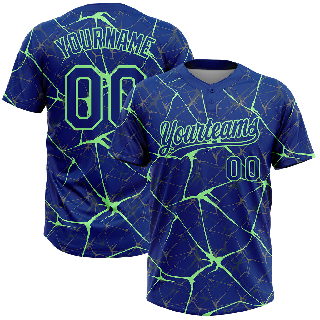 Custom Royal Pea Green 3D Pattern Design Abstract Network Two-Button Unisex Softball Jersey