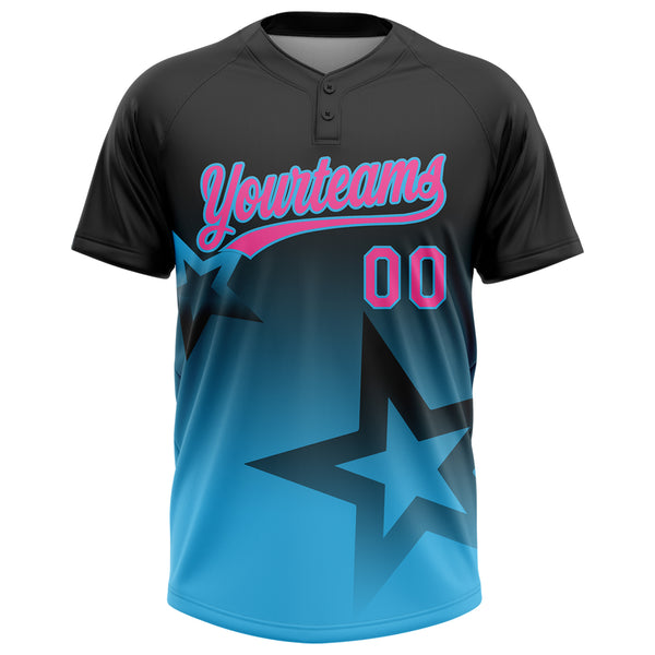 Custom Black Pink-Sky Blue Gradient Style Twinkle Star Two-Button Unisex Softball Jersey