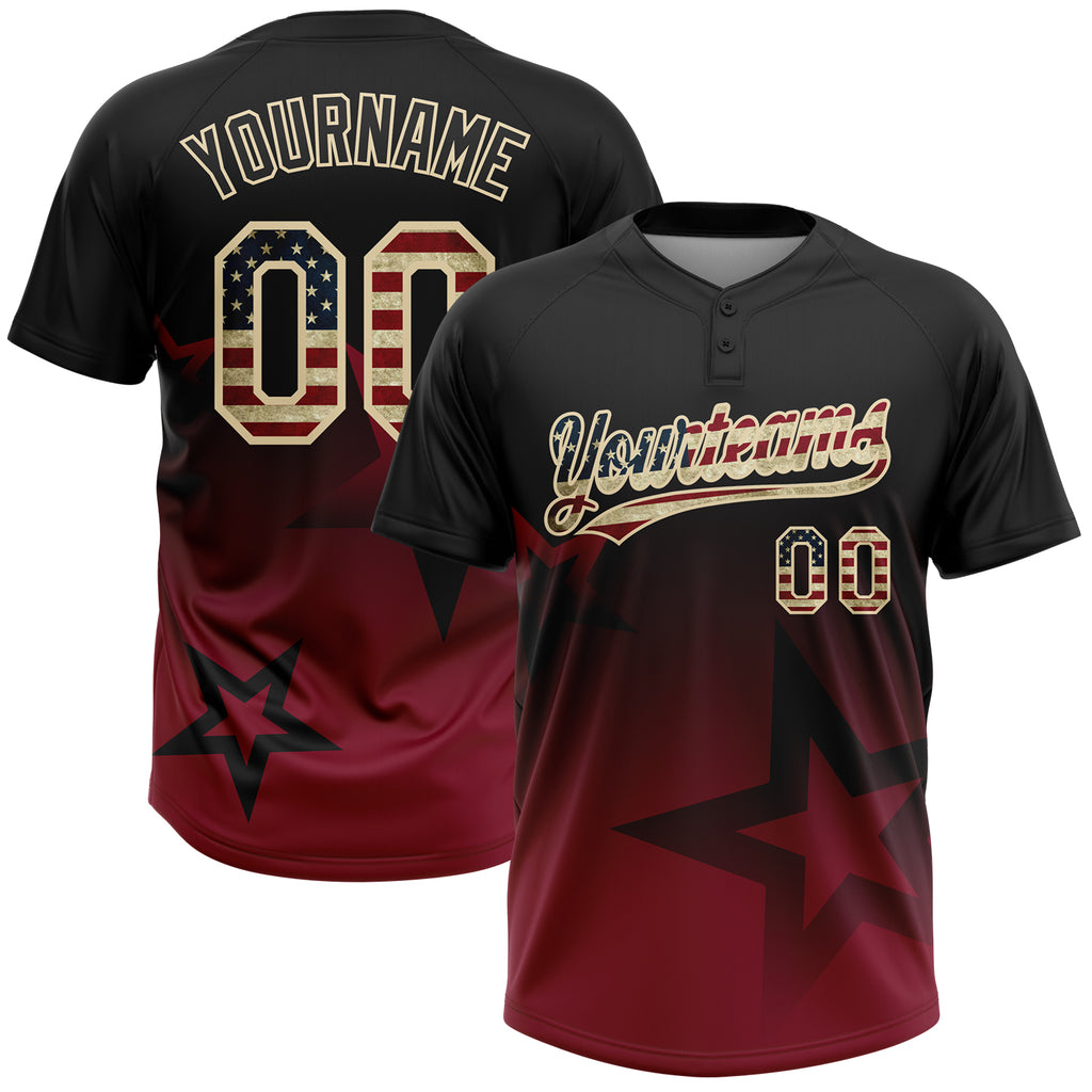 Custom Black Vintage USA Flag Crimson-Cream Gradient Style Twinkle Star Two-Button Unisex Softball Jersey