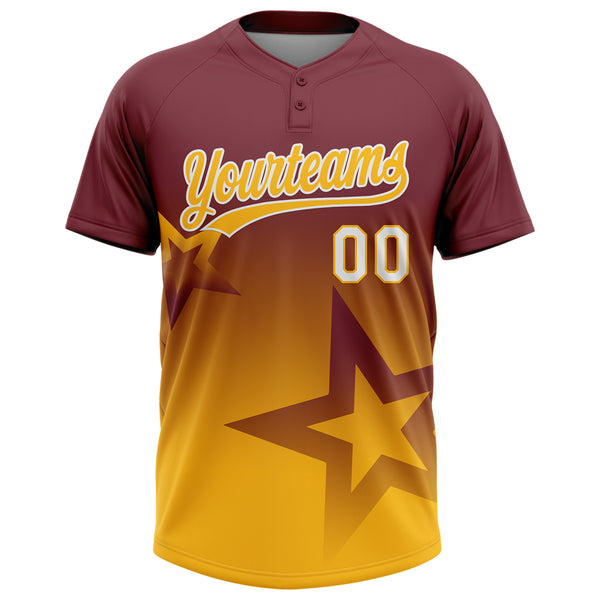 Custom Burgundy Gold-White Gradient Style Twinkle Star Two-Button Unisex Softball Jersey