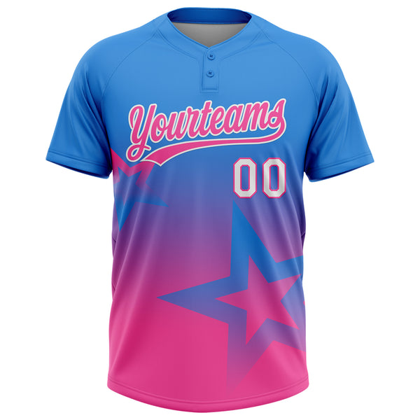 Custom Electric Blue Pink-White Gradient Style Twinkle Star Two-Button Unisex Softball Jersey