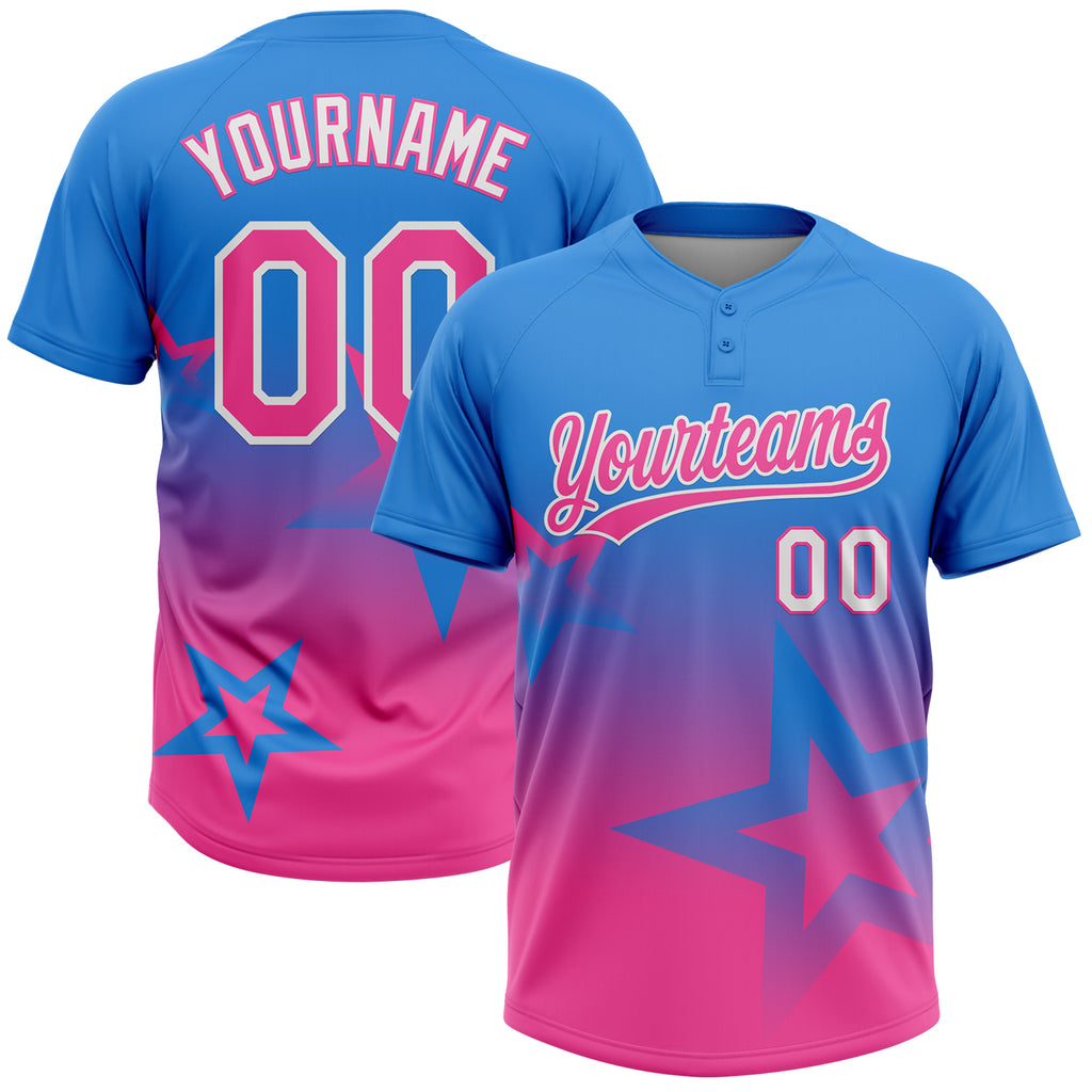 Custom Electric Blue Pink-White Gradient Style Twinkle Star Two-Button Unisex Softball Jersey