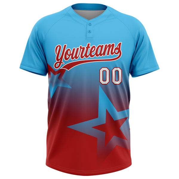 Custom Sky Blue Red-White Gradient Style Twinkle Star Two-Button Unisex Softball Jersey