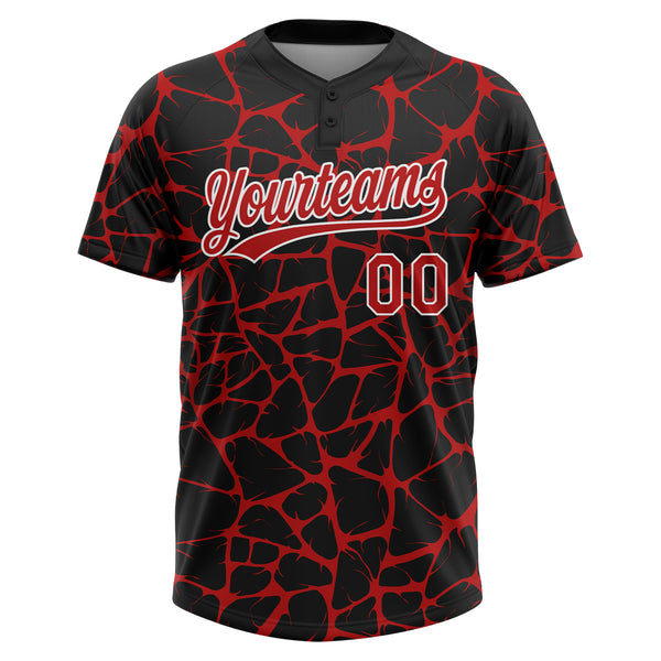 Custom Black Red-White 3D Pattern Design Abstract Network Crackle Two-Button Unisex Softball Jersey