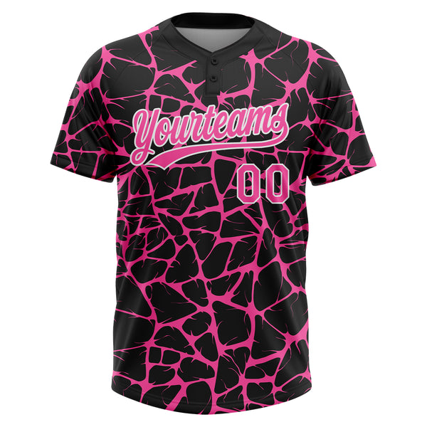 Custom Black Pink-White 3D Pattern Design Abstract Network Crackle Two-Button Unisex Softball Jersey