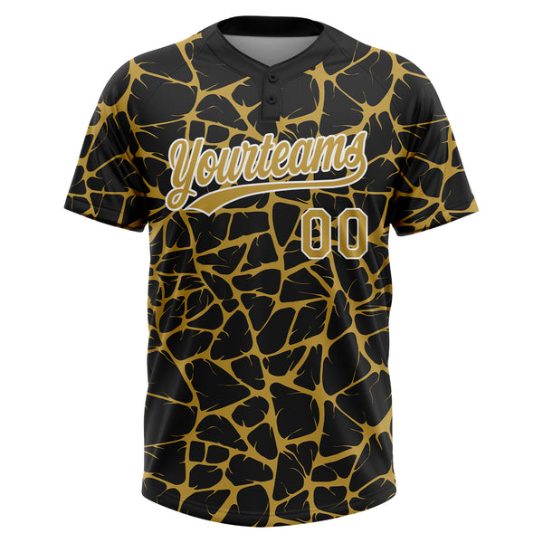 Custom Black Old Gold-White 3D Pattern Design Abstract Network Crackle Two-Button Unisex Softball Jersey