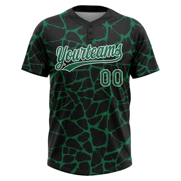 Custom Black Kelly Green-White 3D Pattern Design Abstract Network Crackle Two-Button Unisex Softball Jersey